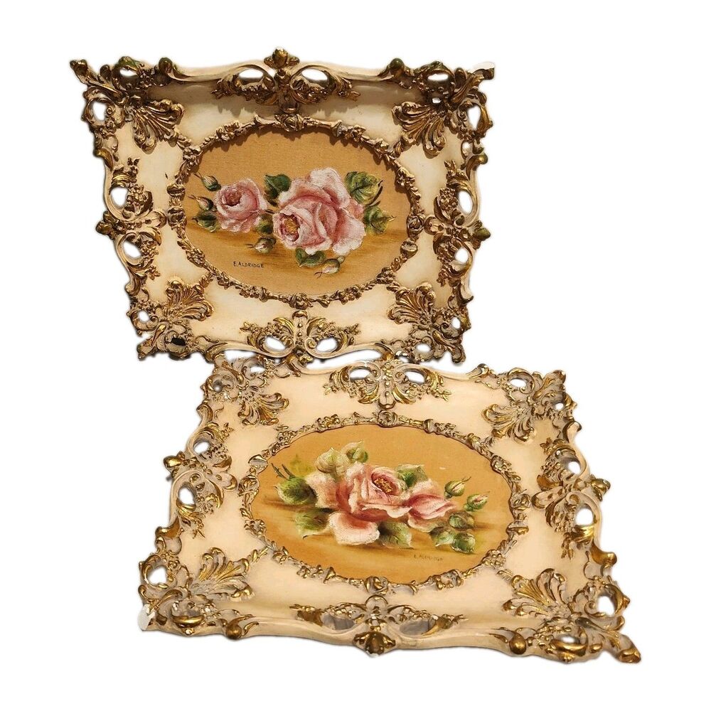 Vtg Pair Hand-Painted Floral Wall Plaques Signed E. Aldridge Hollywood Regency